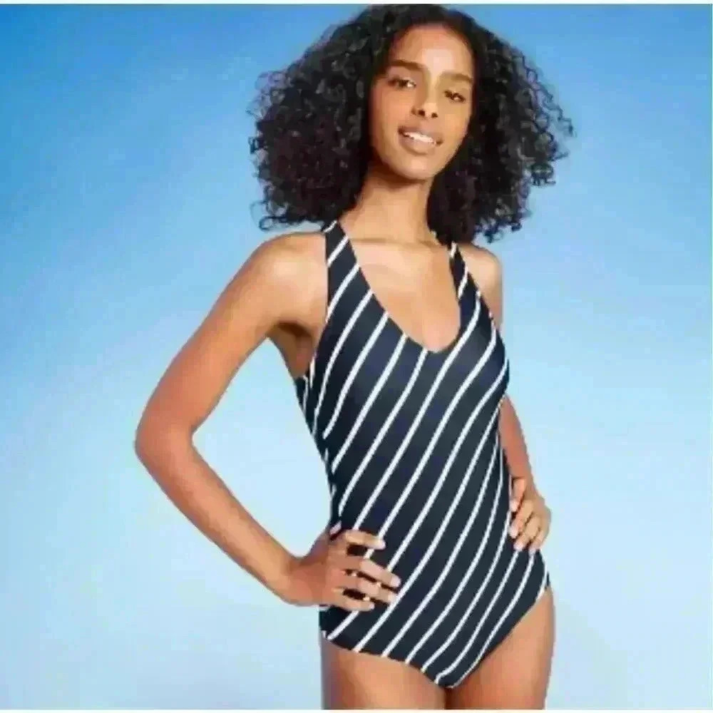 Kona Sol One Piece Blue Striped Swimsuit, Medium